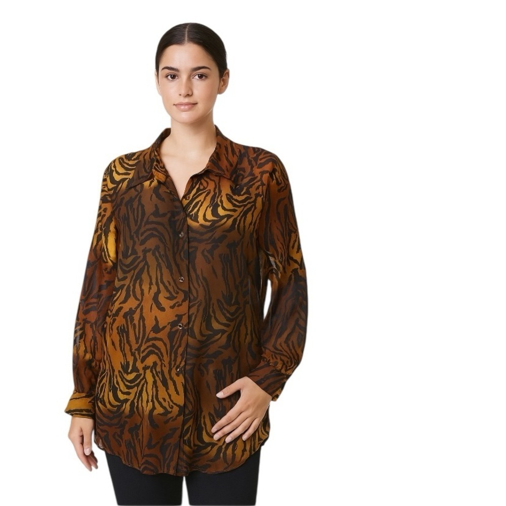 Studio C Brown Gold Sheer Animal Print Preppy Mobwife Button Front Top L/XL